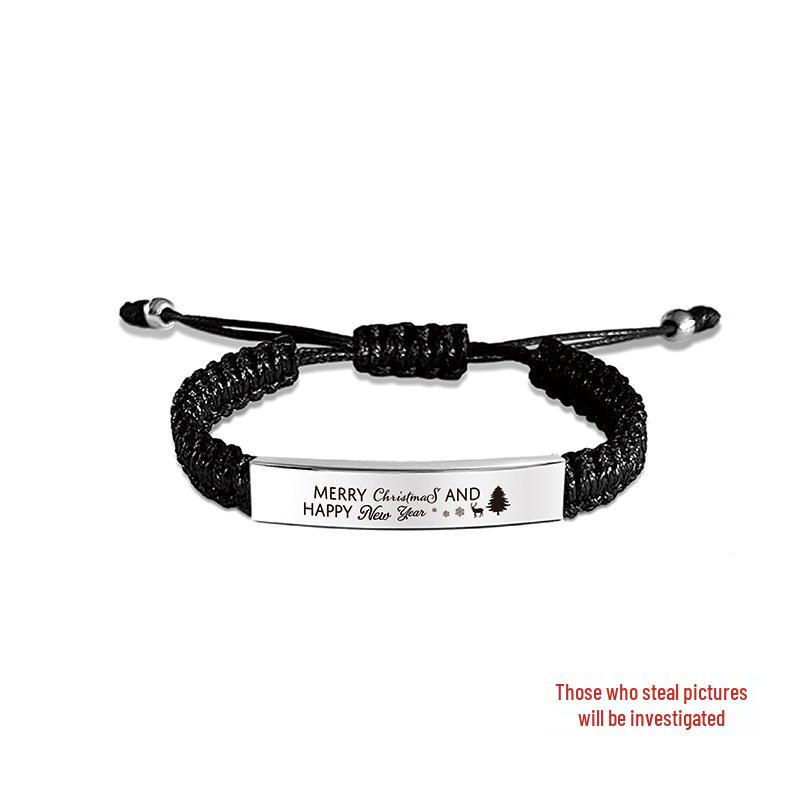 Christmas Handmade Woven Bracelet with Engraved Curved Stainless Steel Plate