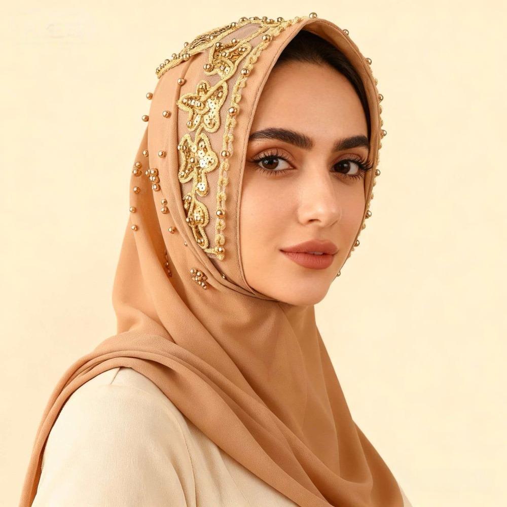 Gold Beads Pearl Chiffon Hijab Scarf Silk Sequin Wraps Shawl Headwraps Islamic Turban  Female