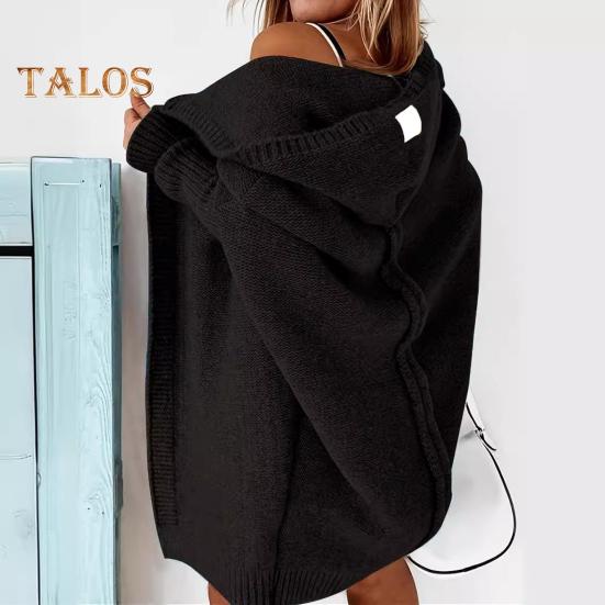 Women Sweater Coat Hooded Long Sleeve Ribbed Cuffs Open Front Knitting Coat Solid Color Mid-length Sweater Cardigan