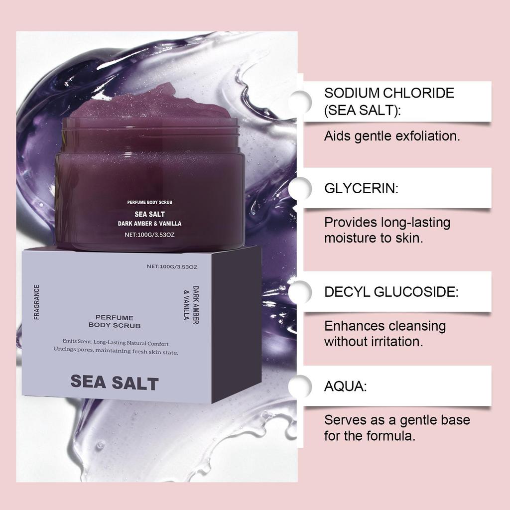 Perfume Body Scrub Hydrating Smoothing Skin Natural Exfoliating Salt Rose Coral Amber Vanilla Scent Moisturizing Cleansing Skin