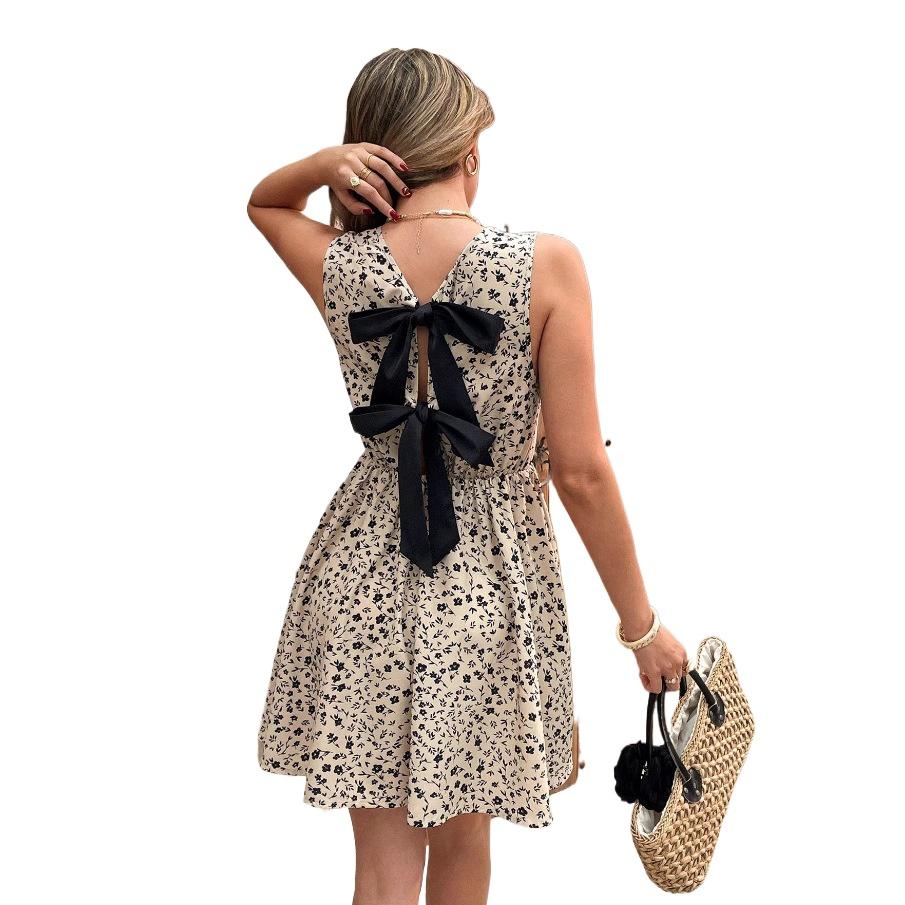 Summer 2026 Casual Floral Print Quilted Ruffle Edge Sling Backless Dresses BOW Sleeveless High Waisted A-Line Sexy Mini Dress