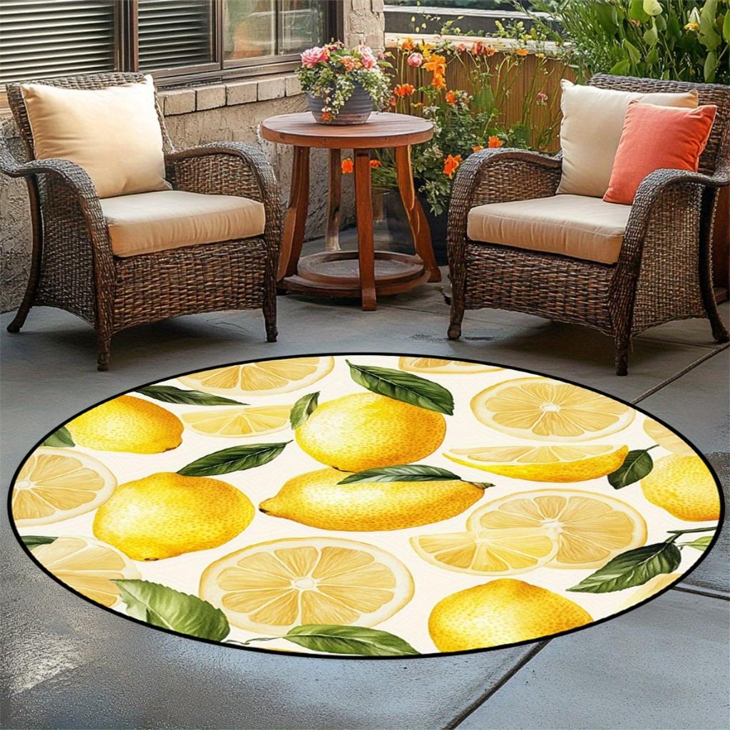 Lemon Pattern Round Rug Yellow Fruit Non-Slip Floor Mat 2D Flat Washable Area Rug for Living Room Bedroom Spring Decor