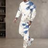 Men Plus Size Printed Two Piece Set Round Neck Long Sleeve Top Cuffed Pants