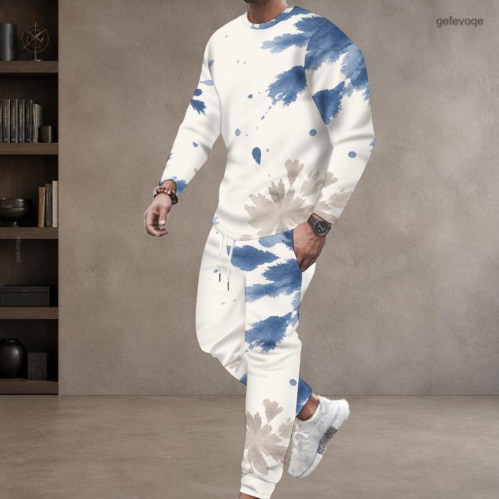 Men Plus Size Printed Two Piece Set Round Neck Long Sleeve Top Cuffed Pants
