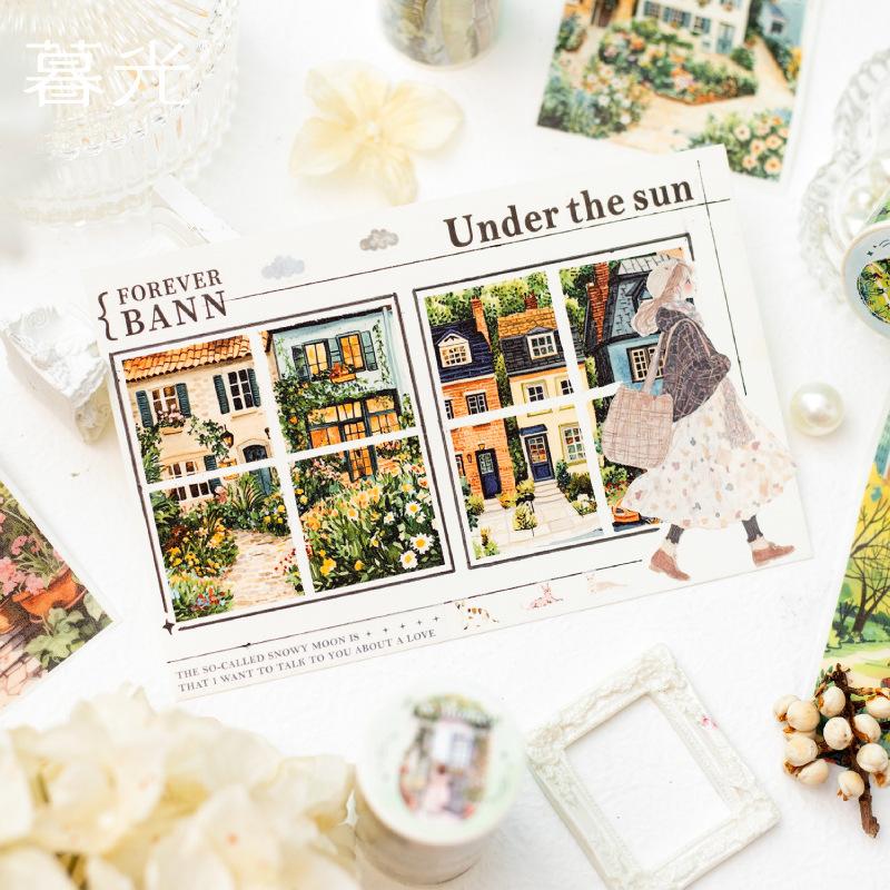 1 Roll 8*200cm Scene-Building Tape Stickers, Illustration-Style Cityscape with Houses & Figures for Scrapbooking