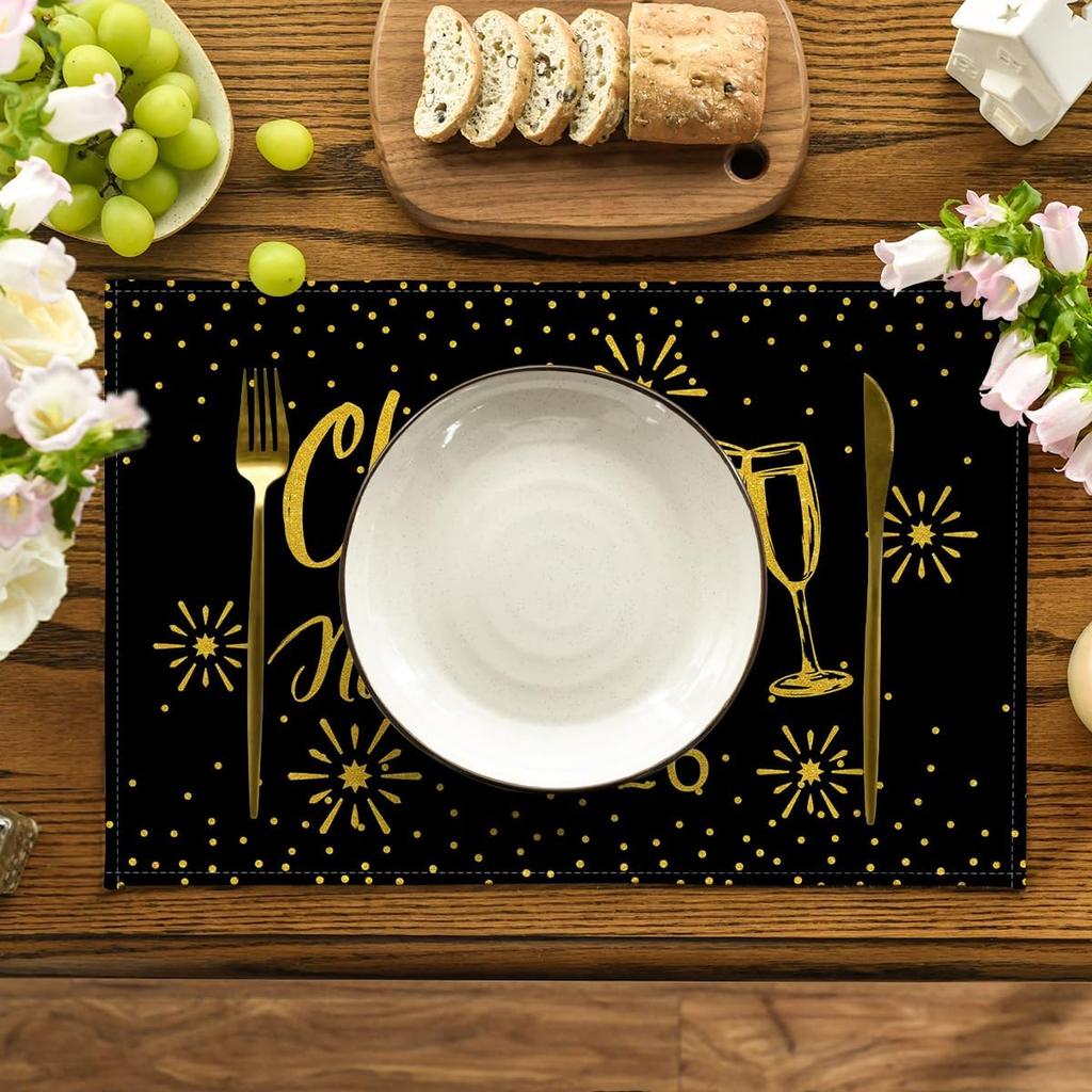 Artoid Mode Black and Gold Cheers to The 2026 New Year Placemats Set of 4, 12x18 Inch Festival Winter Table Mats for Party Kitchen Dining Decoration