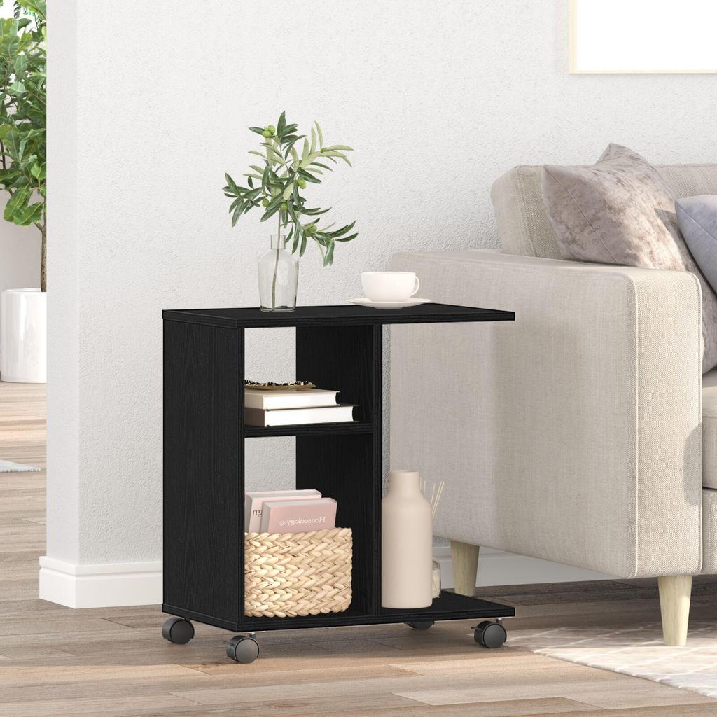 Movable side table with wheels, 2-tier open storage shelves, with side vase display, kitchen and bathroom corner shelf, 50x30x55 cm