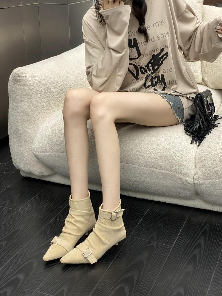 2025 autumn new pointed thin heel high heel temperament French fashion sexy beautiful women short boots