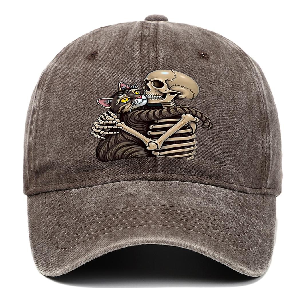 Cat and Skeleton Printed Baseball Hat Adjustable Washable Outdoor Sunscreen Hat Suitable As Halloween Gift for Men and Women