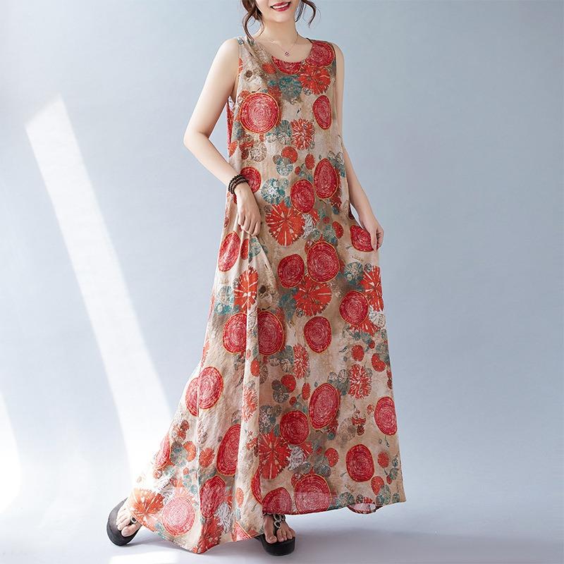 Real shot summer new bohemian literary loose sleeveless round neck printing medium and long dress women