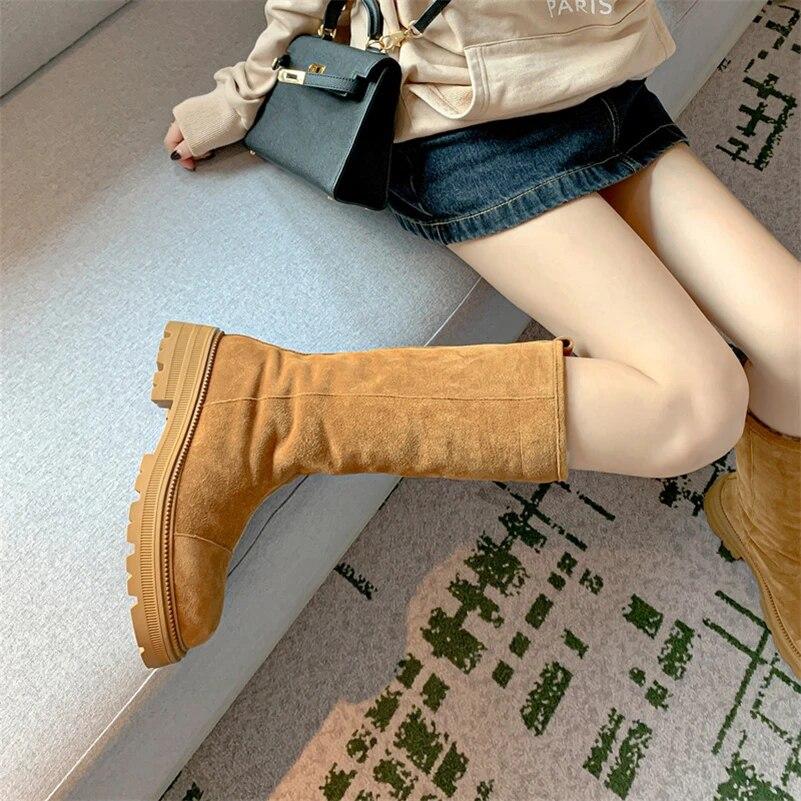 Meotina Bottes mi-mollet en cuir véritable pour femmes, bout rond, talons épais, plateforme, laine, daim, chaussures de mode pour dames, hiver 40