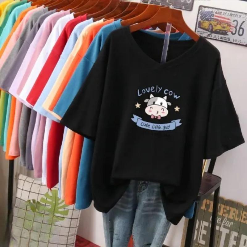 Short-sleeved T-shirt, Loose-fitting, Slimming Printed V-neck Top for Women