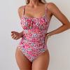 Women Swimsuit Floral Print Swimwear Bathing Suit Adjustable Straps Ruched Front Wireless Padded Lined