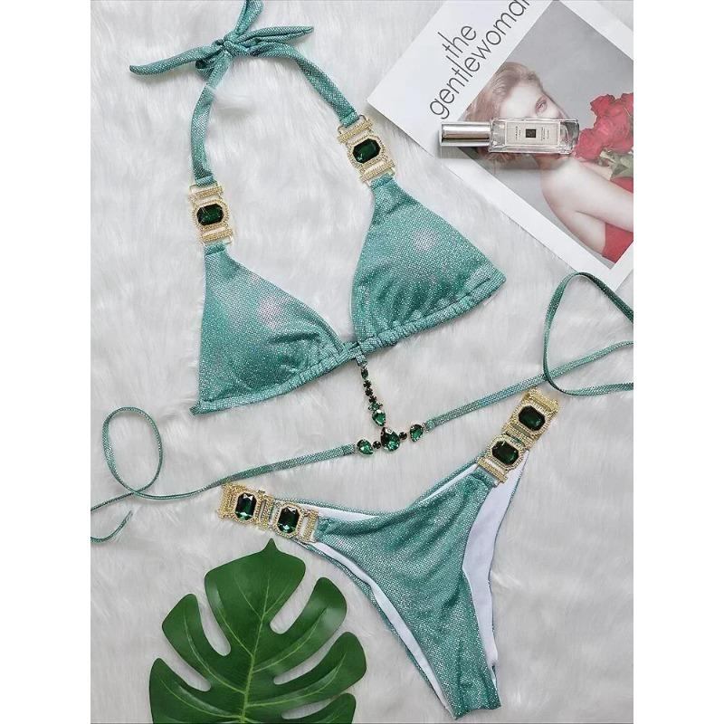 

2025 Блискуче стразове діамантове бікіні Жіночий купальник Жіночий купальний костюм Комплект бікіні з двох частин Халтер Металеві ланцюжки Купальний костюм L