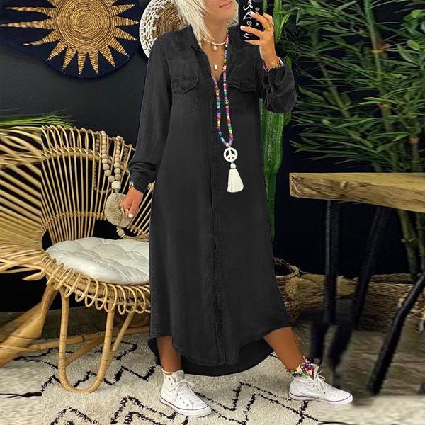 2023 European & American Fashion Denim Long Skirt with Shirt Collar