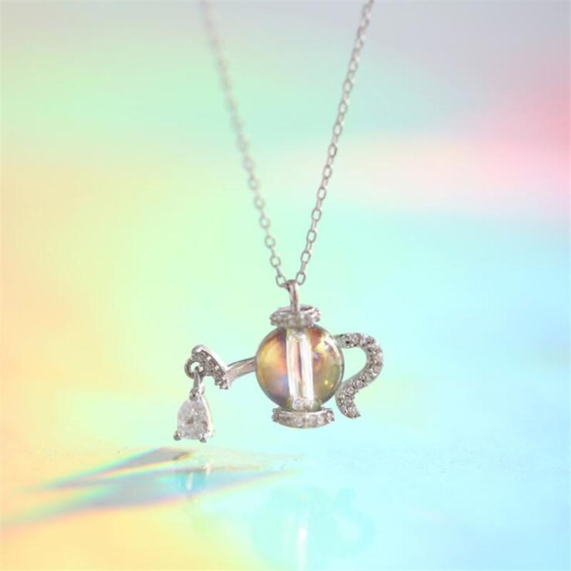 New Personality Creative Aladdin Magic Lamp 925 Sterling Silver Jewelry Aurora Crystal Teapot Fashion Pendant Necklaces TYB385