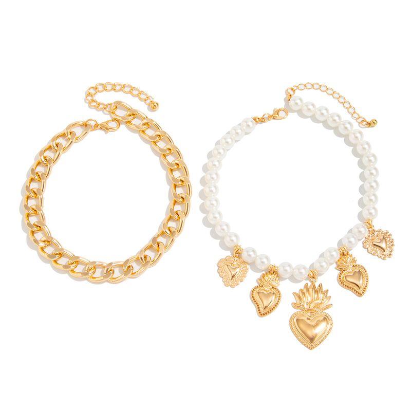 

2-Piece Set of Imitation Pearl Peach Heart Chain Anklets, European and American Hip-Hop Fashion Trend, Cool Street Style Accessories for Girls Gold