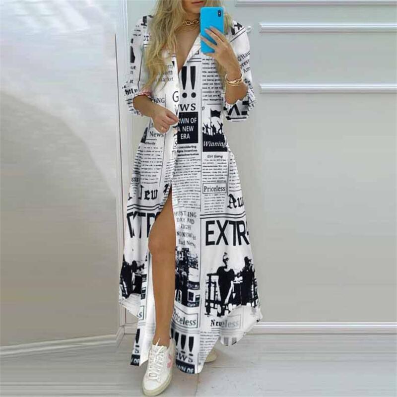 Camicie Lunghe Eleganti da Donna Estive Boho Stampate Abito Elegante Colletto Risvoltato Manica Lunga Femminile Casual Camicia con Spacco Abiti Maxi da Sera