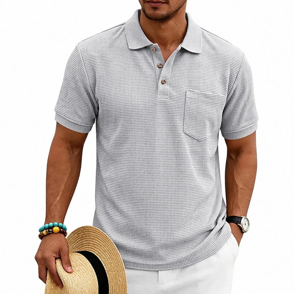 Men's Waffle Knit Polo Shirt Short Sleeve Casual Button Down Polos Men Solid Business Style Tees Tops