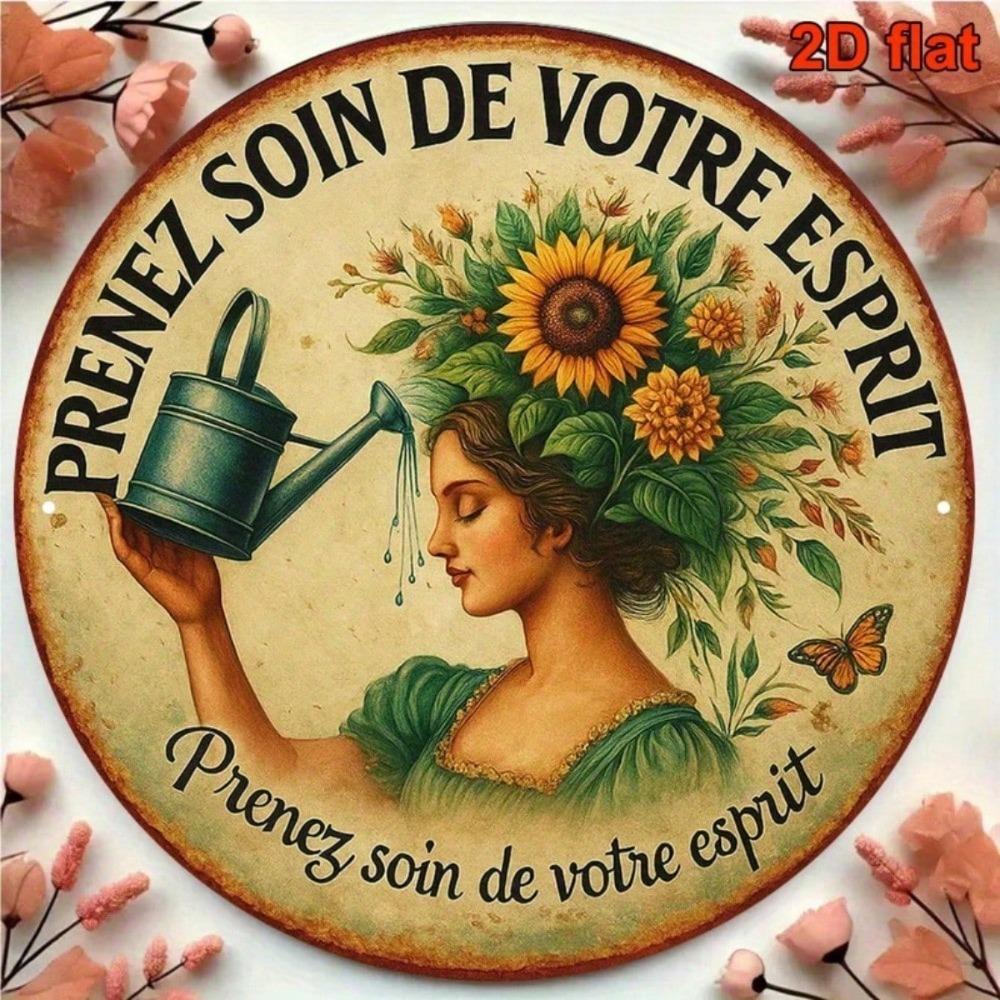 Vintage Franse Zorg Voor Je Geest 8 Inch Rond Blikken Bord Botanische Gieter Bladwerk Wanddecoratie Plaquette