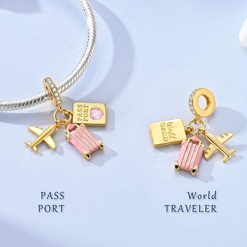 Original 925 Sterling Silver Charms Golden Camera Suitcase Airplane Pendant Fit Original Bracelet For Women DIY Jewelry Gift
