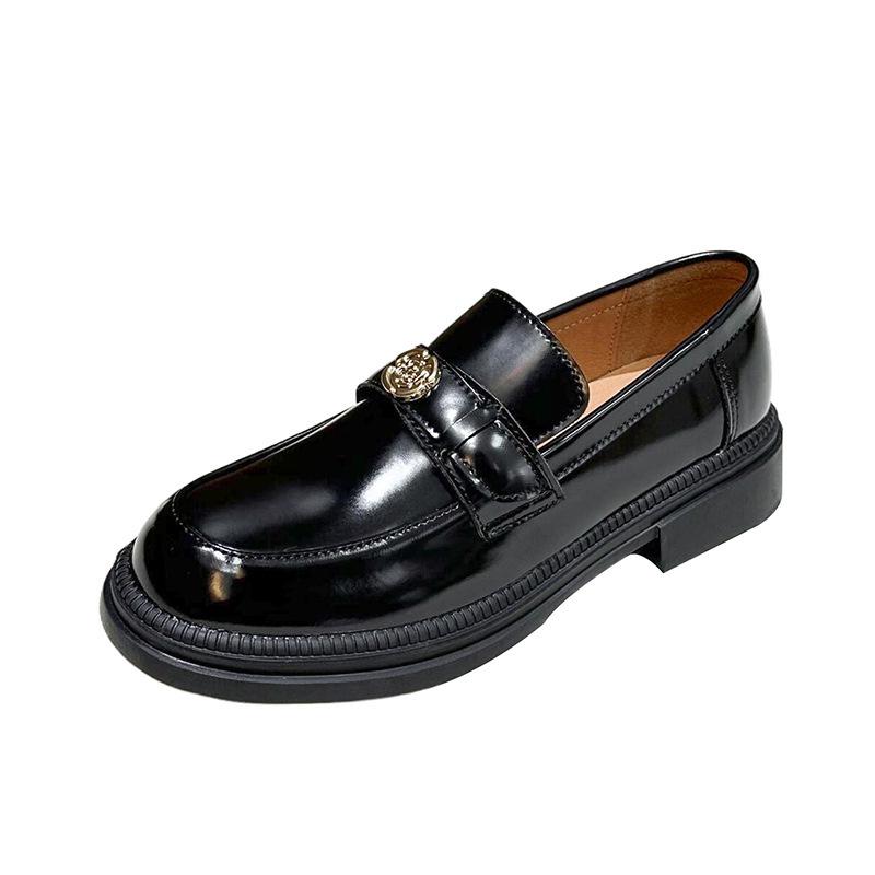 In Stock: Women's Patent Leather Camellia Small Gold Buckle Thick Sole Loafers, Non-Slip.