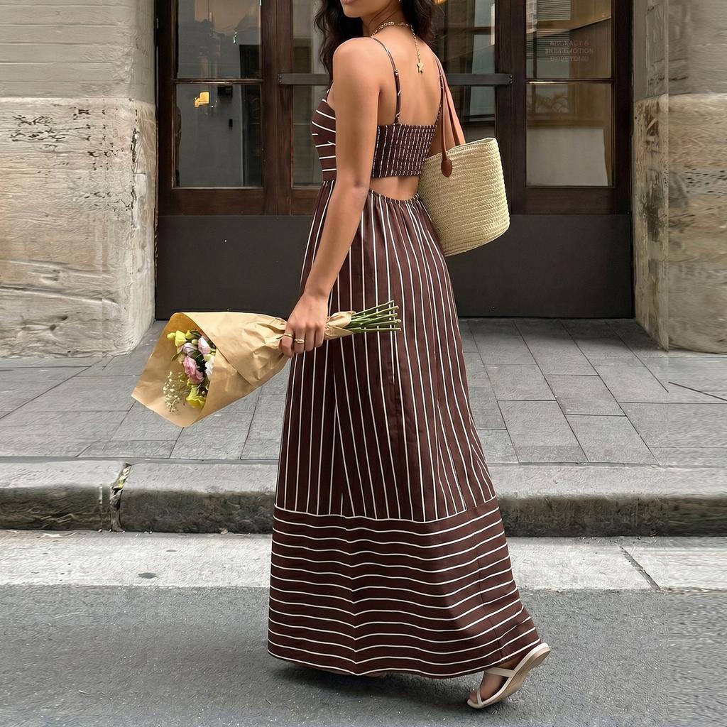 Women Striped Maxi Dress Sleeveless Spaghetti Strap Backless Waist Cinched Casual Summer Dress for Vacation Beachwear