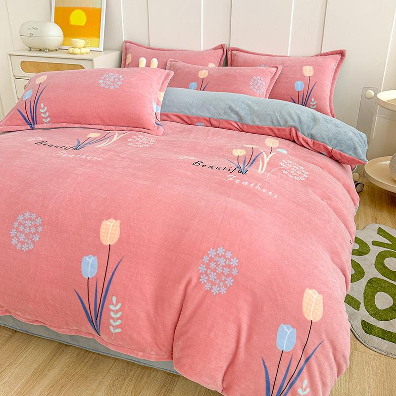 Thickened Milk Fleece Printing Four-Piece Set, Fleece Warm Coral Fleece Skin-Friendly Student Dormitory