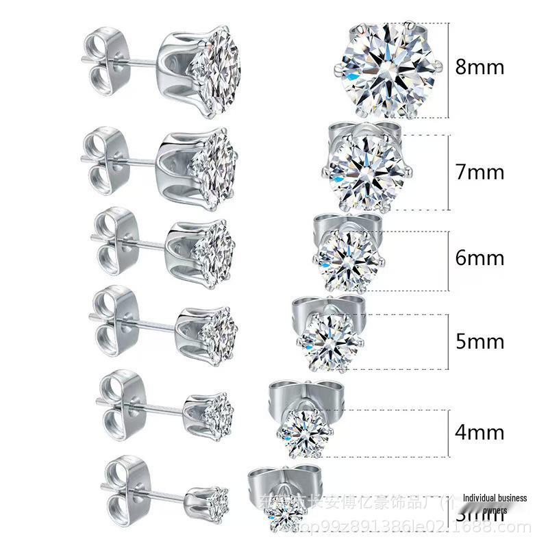 European  American Hot-Selling Cross Stainless Steel Round Cubic Zirconia Six-Prong Stud Earrings with Butterfly Clasp