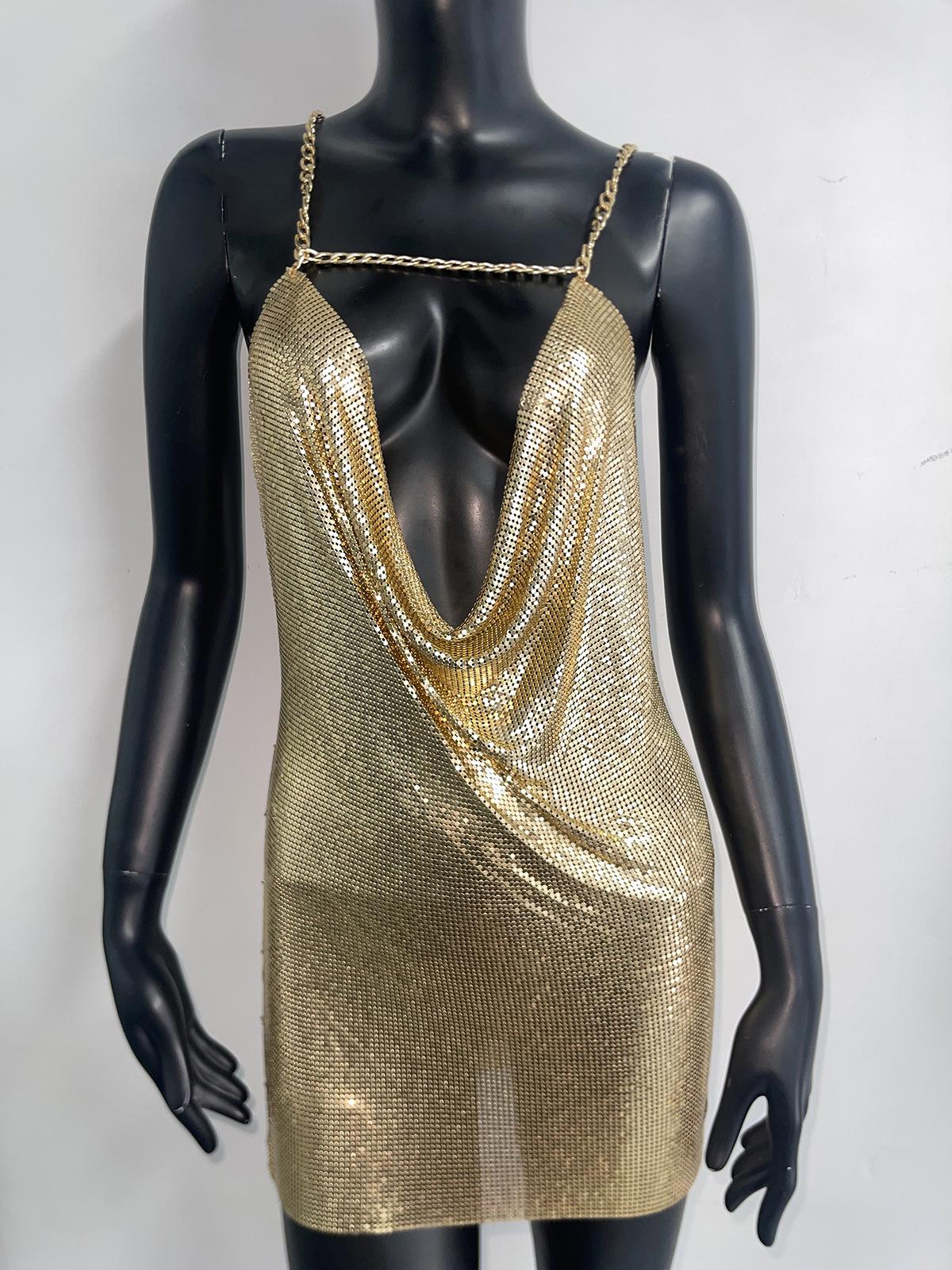 European Sequin Halter Neck Dress - Sexy Slit Mini Partywear Large