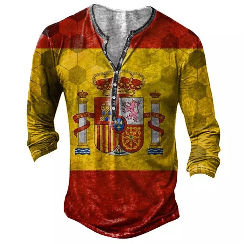 Evropské a americké slim fit plus size tičko bez límečku s potiskem, ležérní s dlouhým rukávem