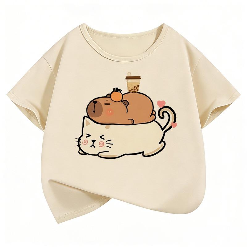 Cute Cat Capybara Kids Tshirts Summer Short Sleeve Tees Cartoon Boys Girls Clothes Kawaii Kitten Tops Y2K Children T-shirt
