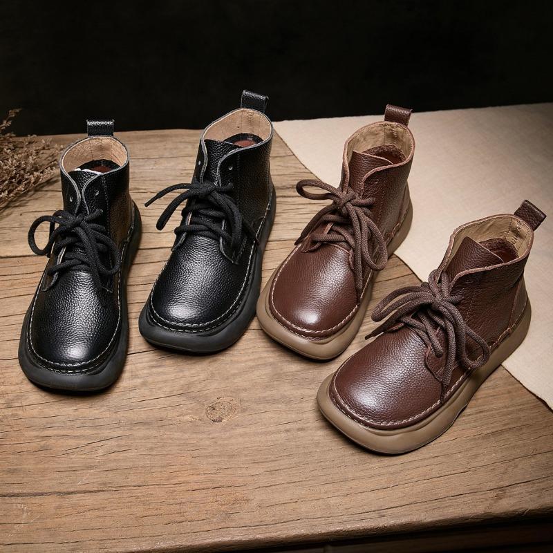 Leather Women's Soft-soled and Soft-top Retro Casual Shoes, Lace-up Plus-size Ankle Boots