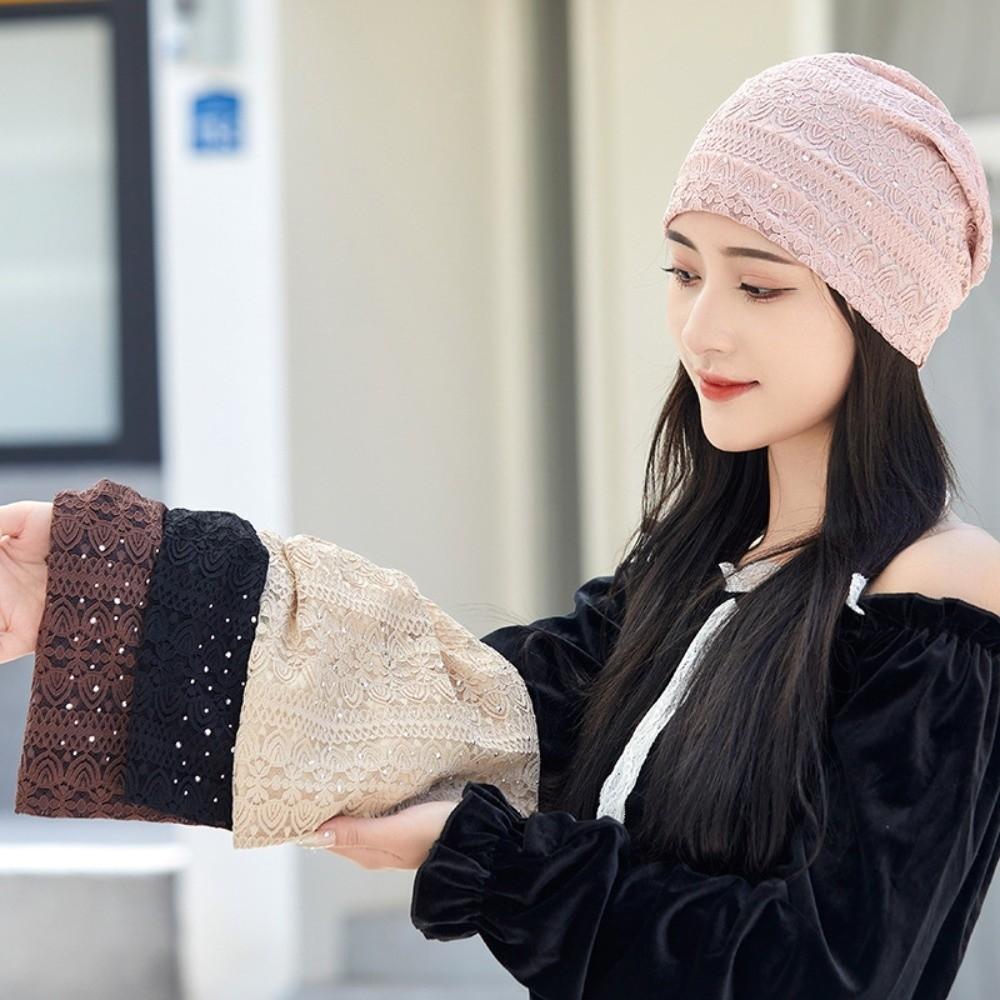 Ethnic Style Warm Bonnet Caps Rhinestones Hijab Turban Cap Casual Lace Beanie Hats  Autumn Spring