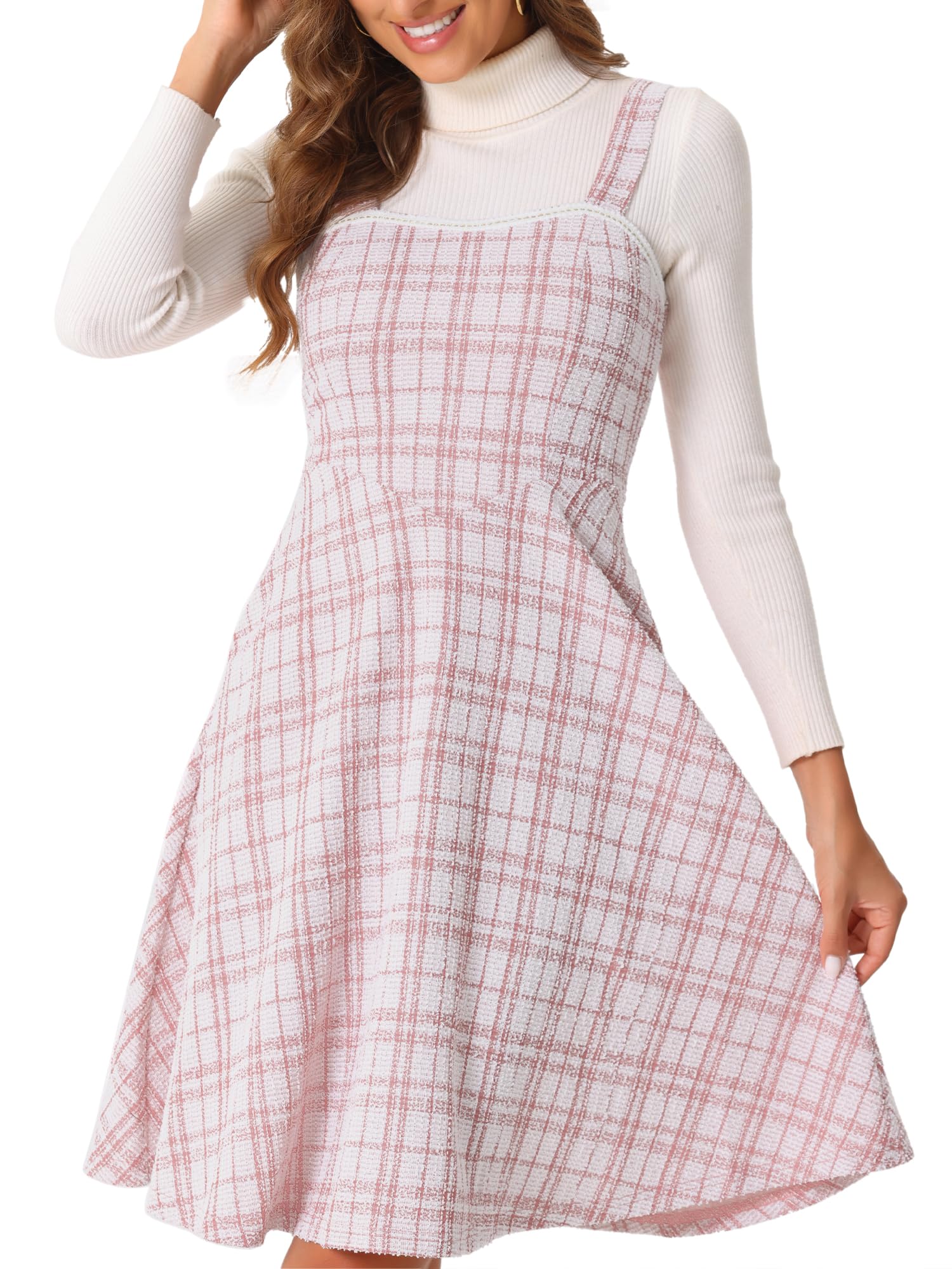 

Allegra K Women s Tweed Dress, Sleeveless, Square Neck, Check Pattern, A-Line, Pinafore, Overall Dress, Pink, Size L