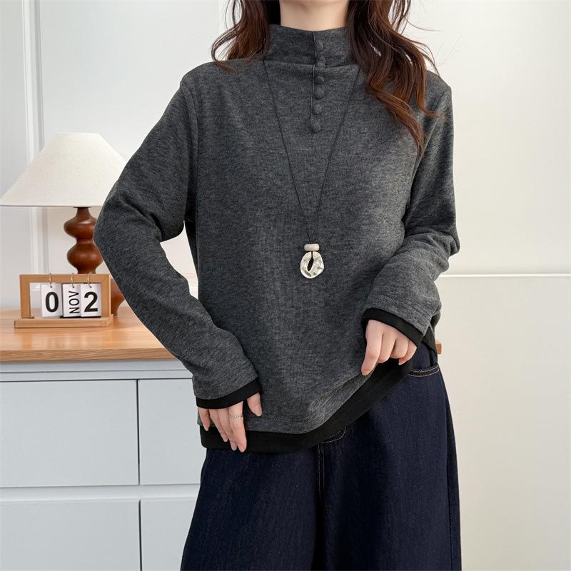 Autumn-Winter 2025 Women's Plus Size High Neck Slimming Base Layer, Stretchy Long Sleeve Color Block Fleece Top