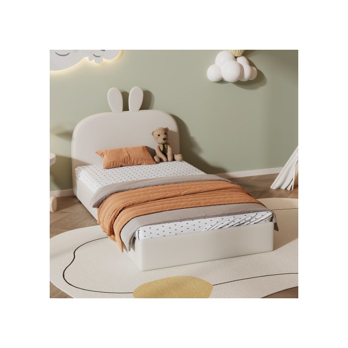 Lit enfant - MUVOE - 90x200cm - Tête de lit lapin - Rembourré beige - Lattes en bois