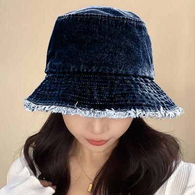 Women Bucket Hat Sun Protection Anti-UV Wide Brim Ripped Edge Flat Top Foldable Retro Windproof Breathable Outdoor Camping Fishing Sun Cap