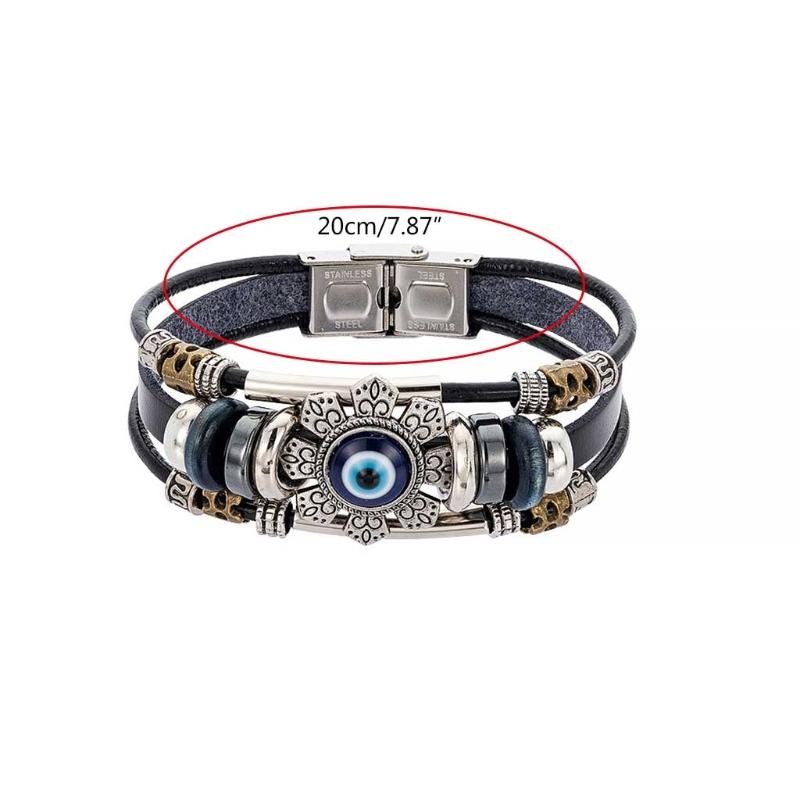Lucky Eye Turkish for Evil Eye Bracelets For Men Women Punk Style Flower Handmade Jewelry Multilayer Black Leather Bangl