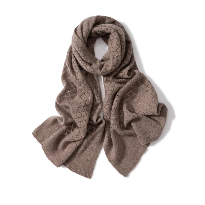 Women's 100% Cashmere Solid Color Scarf Hollow Grid Knitted Windproof Elegant Embroidery Texture Neckerchief for Ladies Banquet