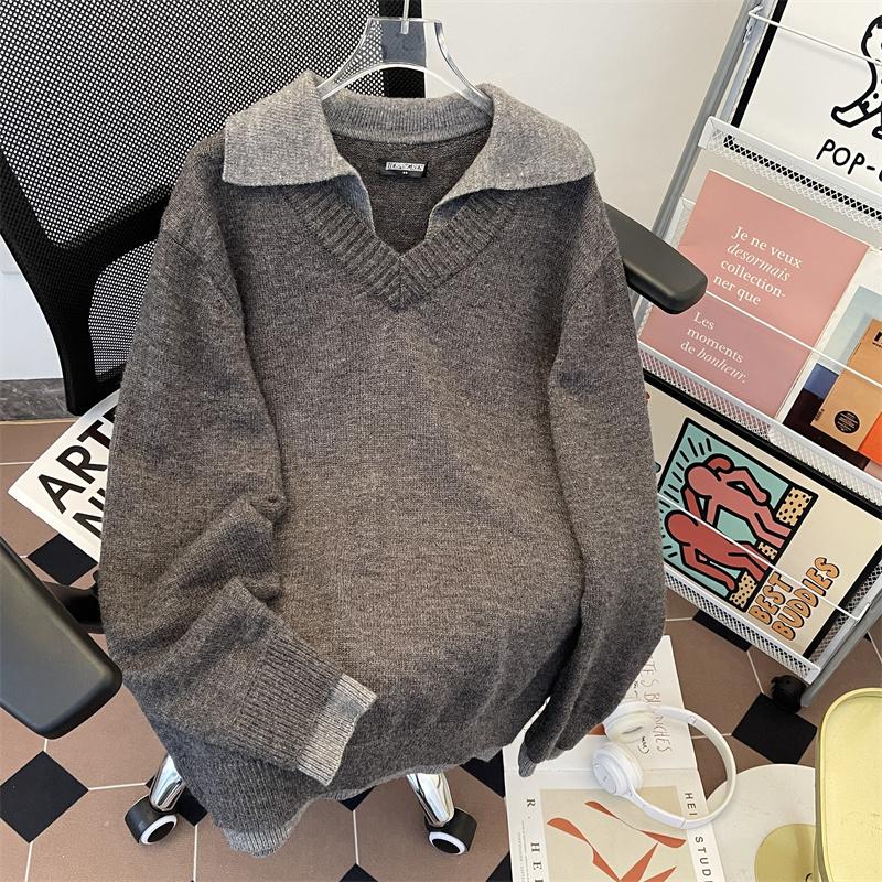 American Retro Fake Two-piece V-neck Sweater Men's Winter Lapel Old Money Wind Knitted Sweater Couple Lazy Wind Jacket