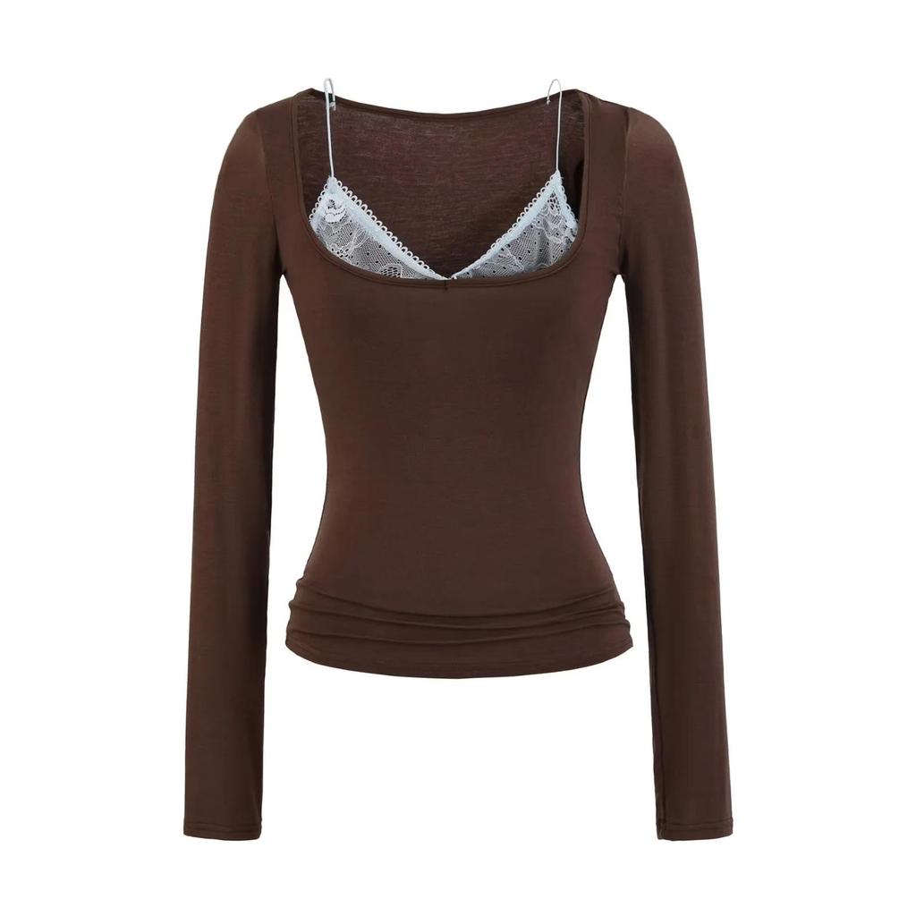 Women's Patchwork Lace Trim Slim Fit Long Sleeve T-Shirt for Spring/Autumn - Spicy Girl U-Neck Two-Piece Style