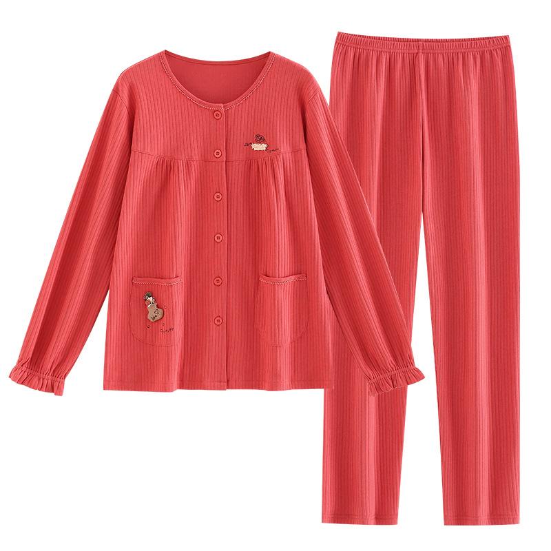 Pajamas Women'S Long Sleeve Cotton Crew Neck Cardigan Simple Casual Large Size Cotton Loungewear Autumn Set