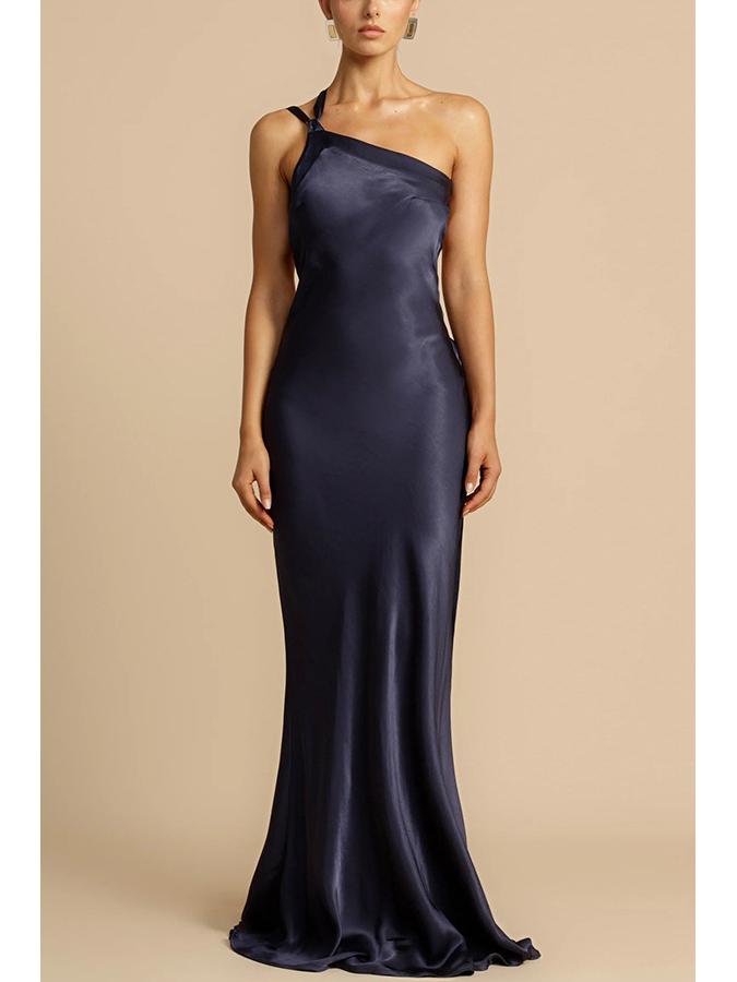 

Европейское и американское весенне-летнее платье на одно плечо, облегающее, атласное, для вечеринки - Модный и повседневный стиль INS Extra Large темно-синий