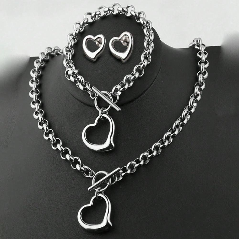 Aomogo Set INS Exquisite Love Fashion Stainless Steel Bracelet Earrings Necklace Pendant Set Women's Daily Goods Party Favors
