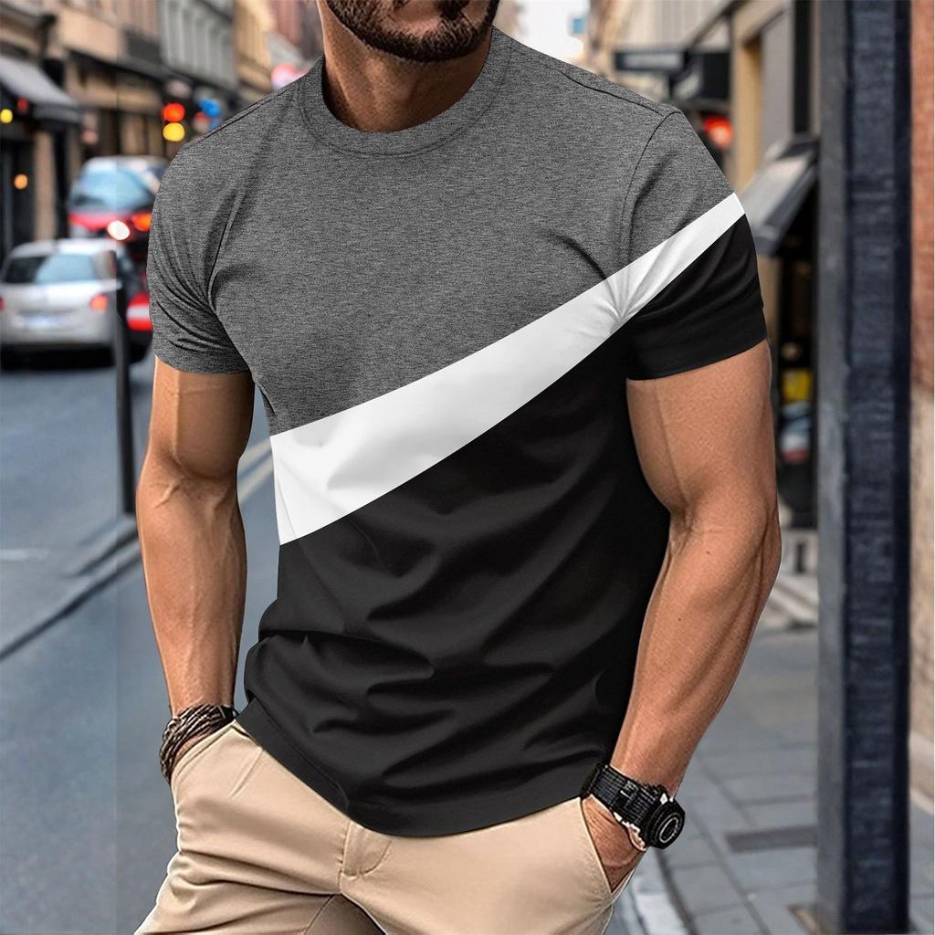 Men's Summer Casual Round Neck Short Sleeve Color Matching Pullover T-shirt Top