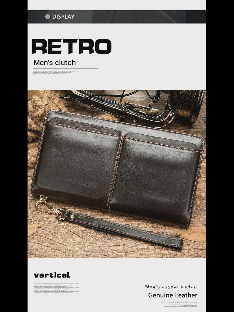 MVA Men's Long Retro Genuine Leather Wallet - Large Capacity Card Holder with Multiple Slots, First Layer Cowhide Clutch Bag.