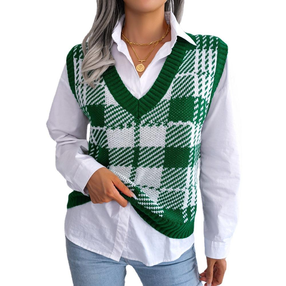 Women's Autumn and Winter Casual Contrast Plaid Knitted Tank Top Sweater Vest