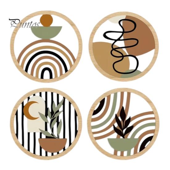 Wooden Interior Wall Decorations 4Pcs Boho Art , 2D Flat Round Hanging Signs, Modern Geometric Vintage Farmhouse Signs Wood Decor, Bohemian