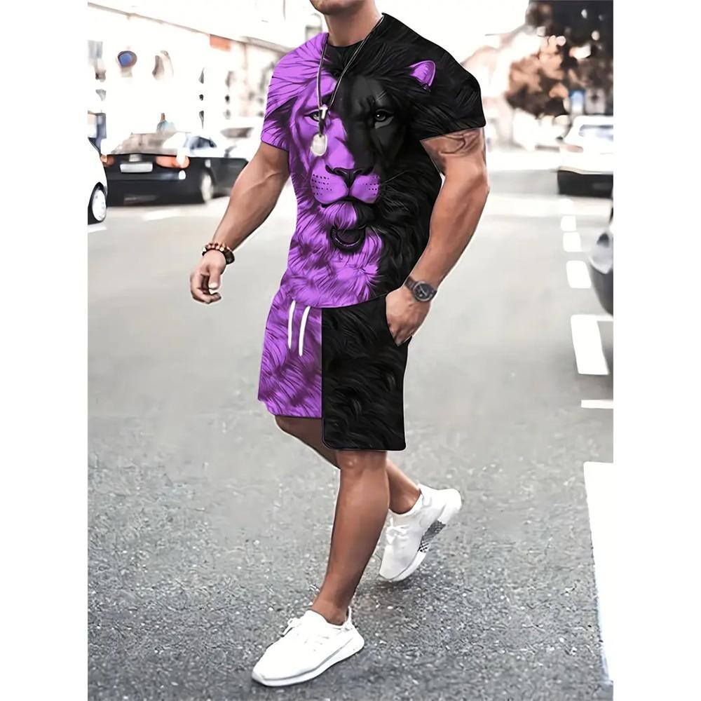 

Летний мужской костюм с шортами и рисунком льва, повседневный уличный костюм с футболкой и шортами, спортивный костюм с 3D-цветными блоками и круглым вырезом 6XL